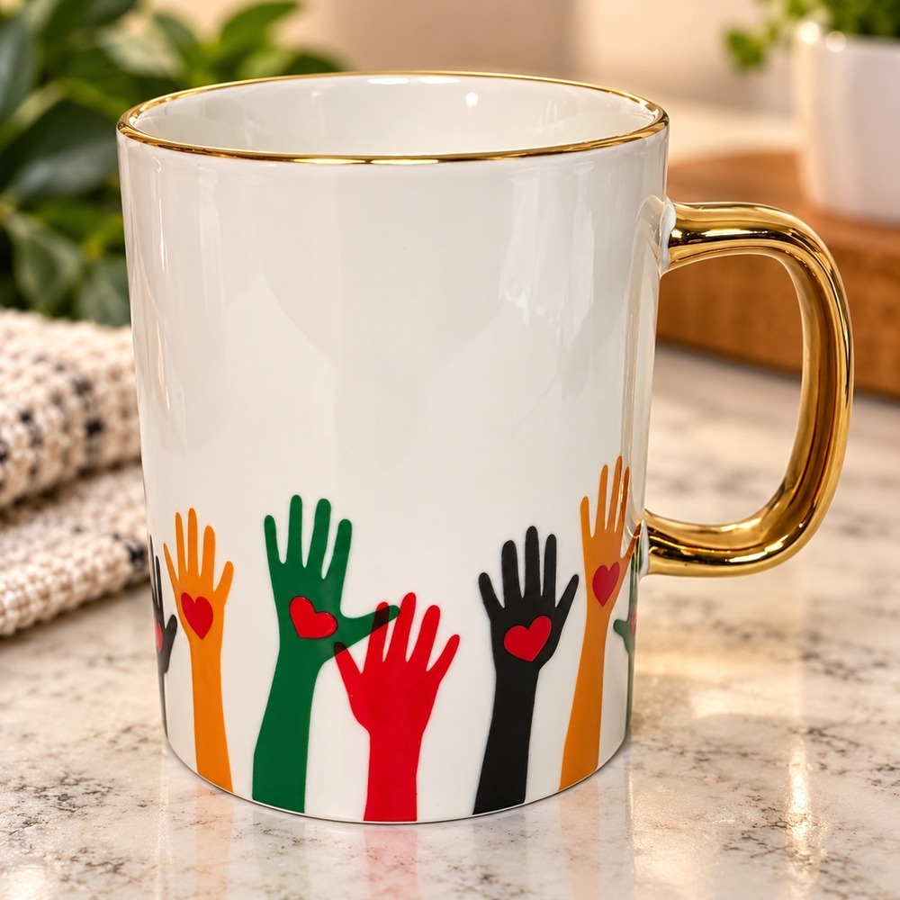 Medici White Ceramic Mug Gold Handle Raised Hands Hearts Unity Love Coffee Cup